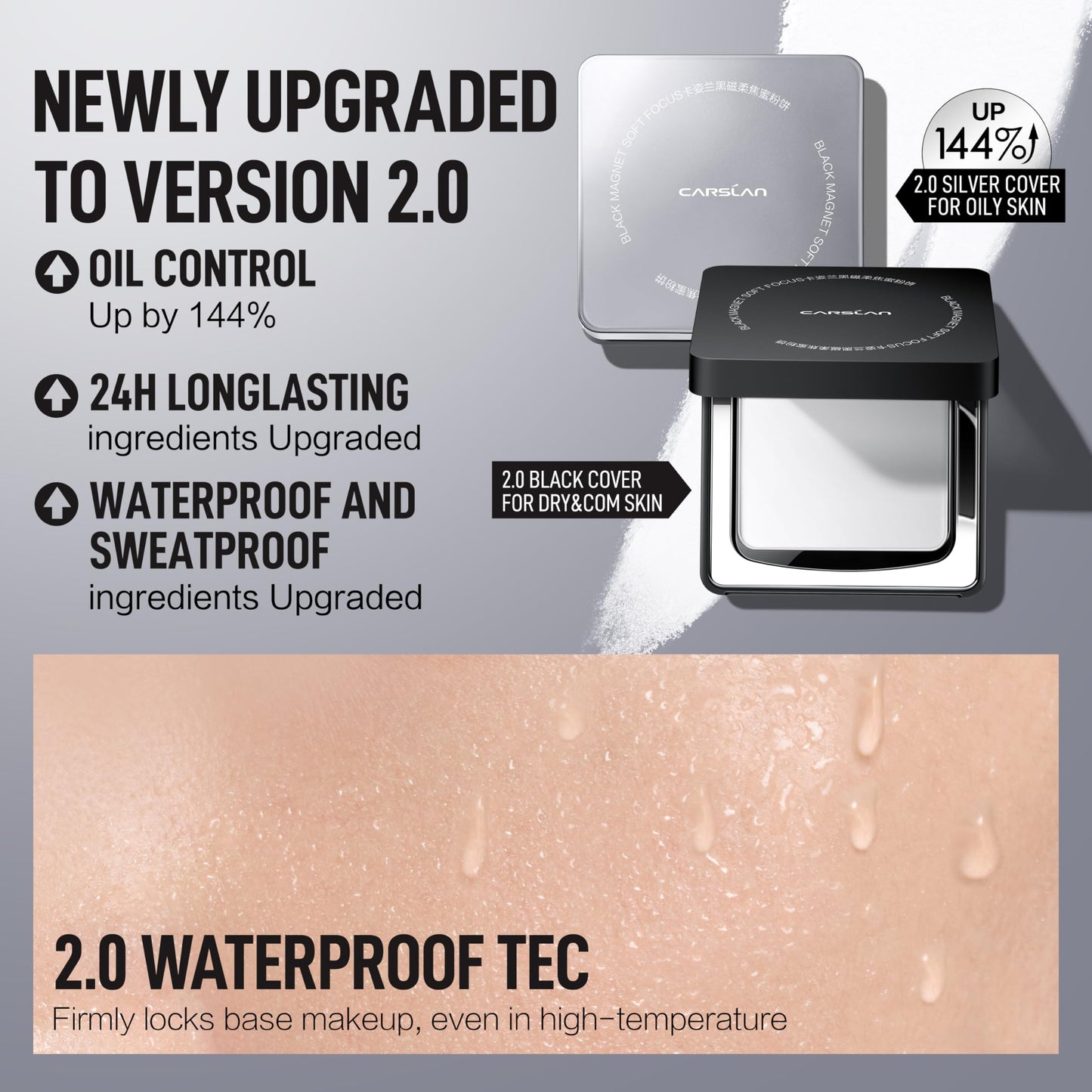 CARSLAN 2.0 Black Magnet Soft Focus Powder, Waterproof Translucent Pressed Setting Powder, 24H Longlasting Talc-Free Face Powder, Oil Control Compact Makeup, 0.28Oz