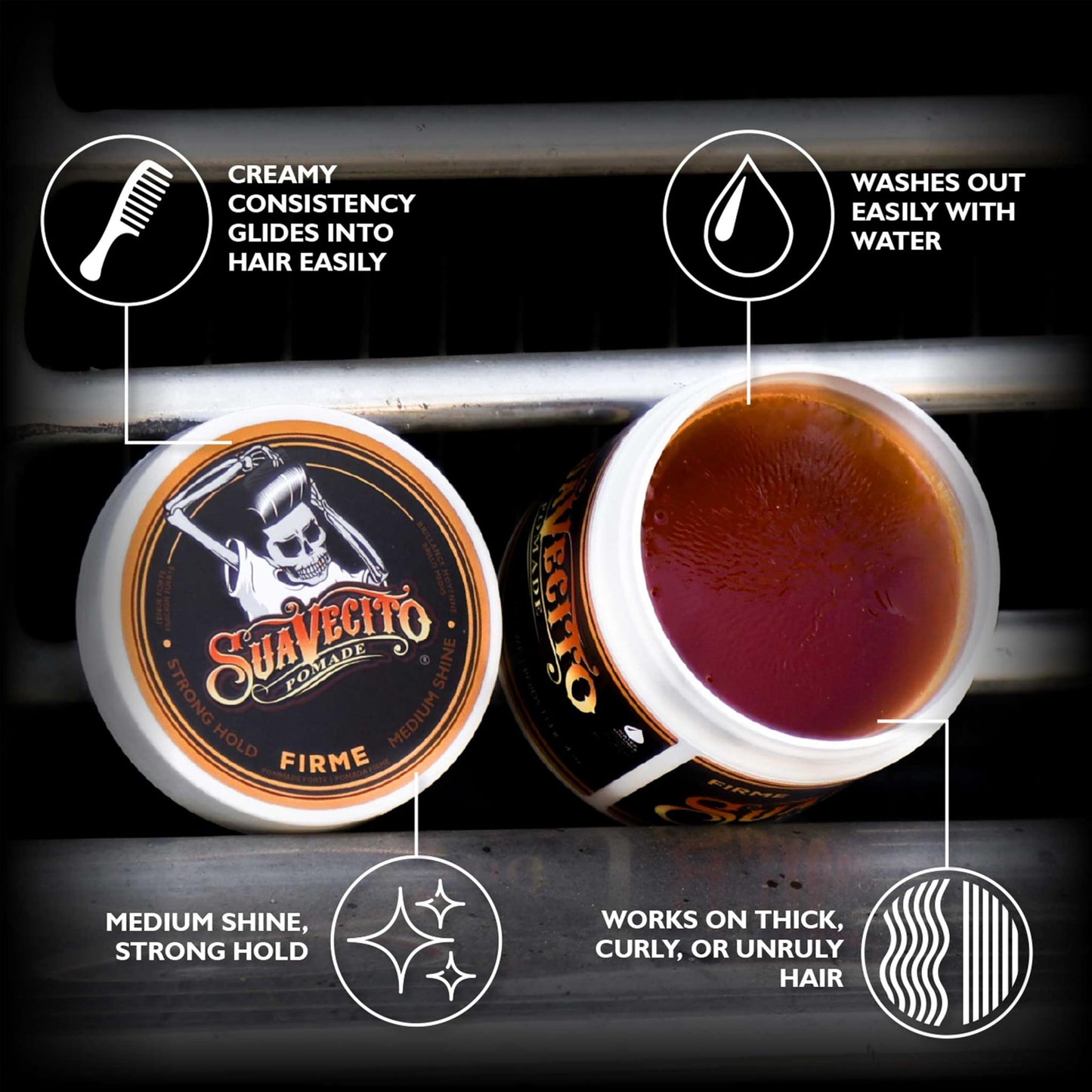 Suavecito Pomade Firme (Strong) Hold 4 oz, 2 Pack - Strong Hold Hair Pomade For Men - Medium Shine Water Based Wax Like Flake Free Hair Gel - Easy To Wash Out - All Day Hold For All Hair Styles