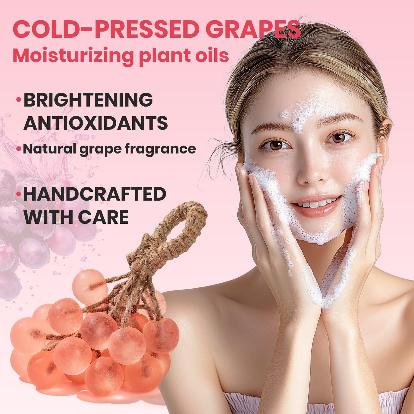JHZHONG Grape Soap on a Rope, Handmade Grape Cluster Shape Soap Bar, Unique Decorative Bath Soap, Aromatic Hand Wash Gift for Home Decor, Men & Women (1, Pink)