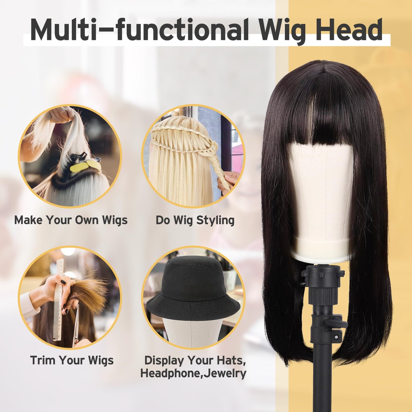 Klvied Wig Stand with 22 Inch Canvas Wig Head, Adjustable 34.64-51.48 Inch Tripod and Table Clamp Set for Wig Display, Basic Styling and Cosmetology Practice, with Carrying Bag