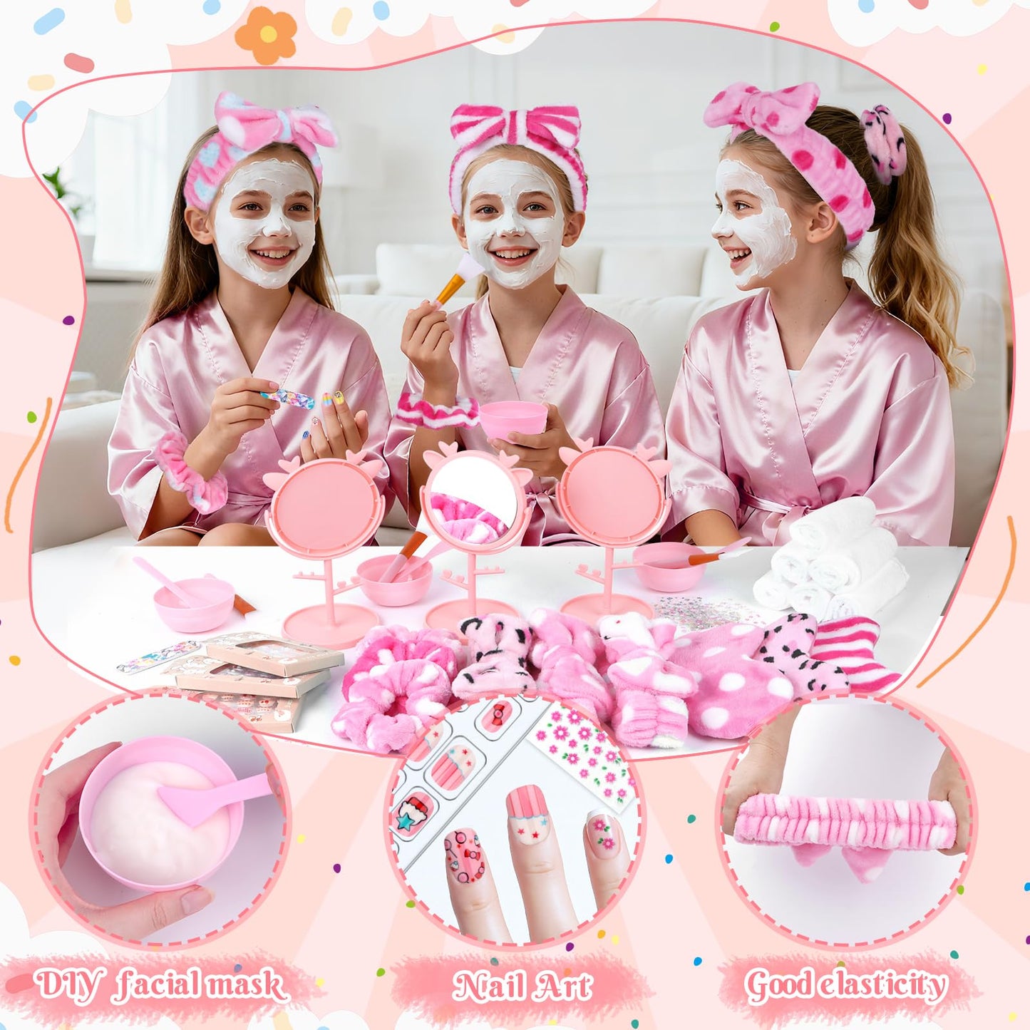 Guifizeiom 76Pcs Sleepover Party Supplies Slumber Spa Parties Kit for Girls Women, Headbands, Eye Mask, Towels, Scrunchies & Nail Supplies(Pink)