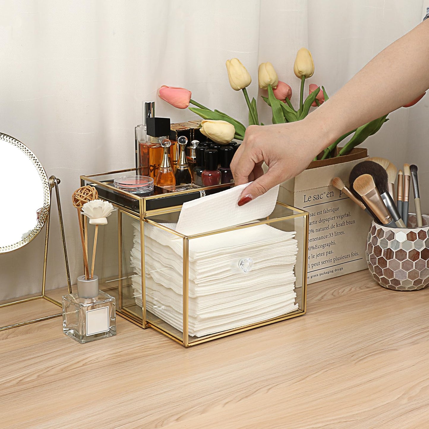 Sumnacon Disposable Face Towel Holder Glass Face Towel Storage Box with Drawer Compatible with Clean Skin Cluub Clean XL Makeup Box Organizer for Bathroom,Vanity Countertop