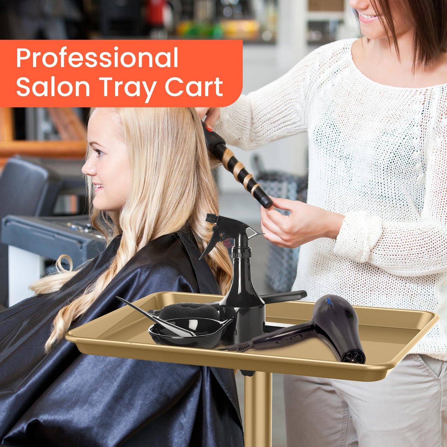 TASALON Premium Salon Tray on Wheels, Aluminum Salon Rolling Tray Trolley for Salon Essentials, Adjustable Height Provides Ample Storage for Hairstylist Tray, Tattoo Tray and Clinic Tray Use - Gloden
