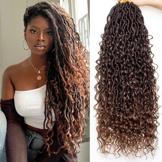 RuiYok 30 Inch Goddess Locs Crochet Hair 8 Packs Ombre Crochet Goddess locs Boho Hippie Locs Hair Faux Locs Crochet Hair with Curly Ends Pre-looped River Locs Crochet Hair for Black Women(T30#)