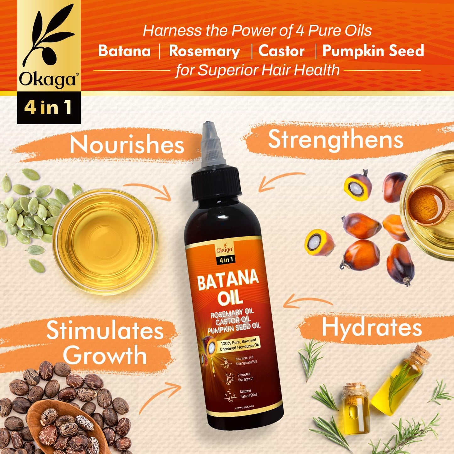 Batana Oil for Hair Growth with Rosemary, Castor, and Pumpkin Seed Oils, 100% Pure Unrefined Honduran Formula, Strengthens, Nourishes, Revives Scalp & Strands, For Men & Women (5oz)