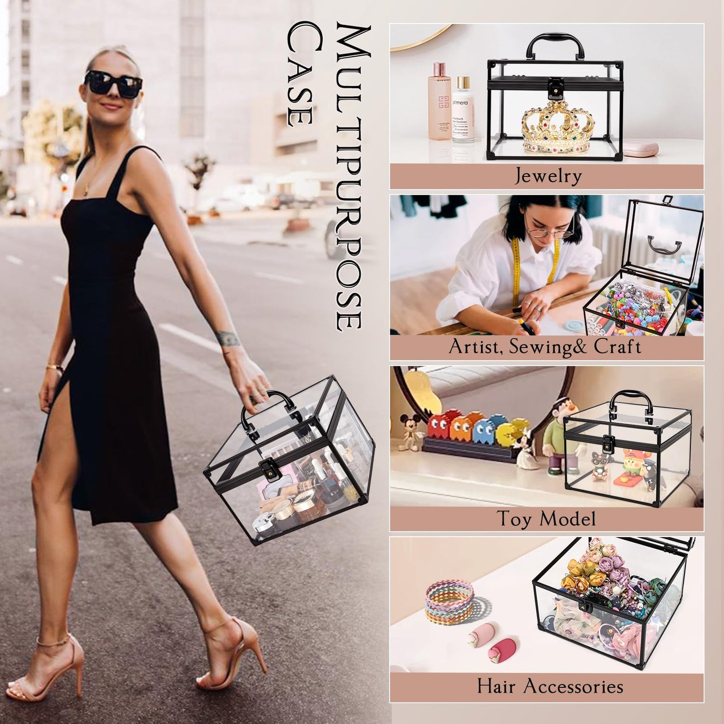 Costravio Makeup Display Clear Clear Makeup Case Portable Transparent Artists Train Case Crown Box Large Capacity Toiletry Organizer Box Travel Makeup Storage for Vanity Bathroom Craft Toys Case