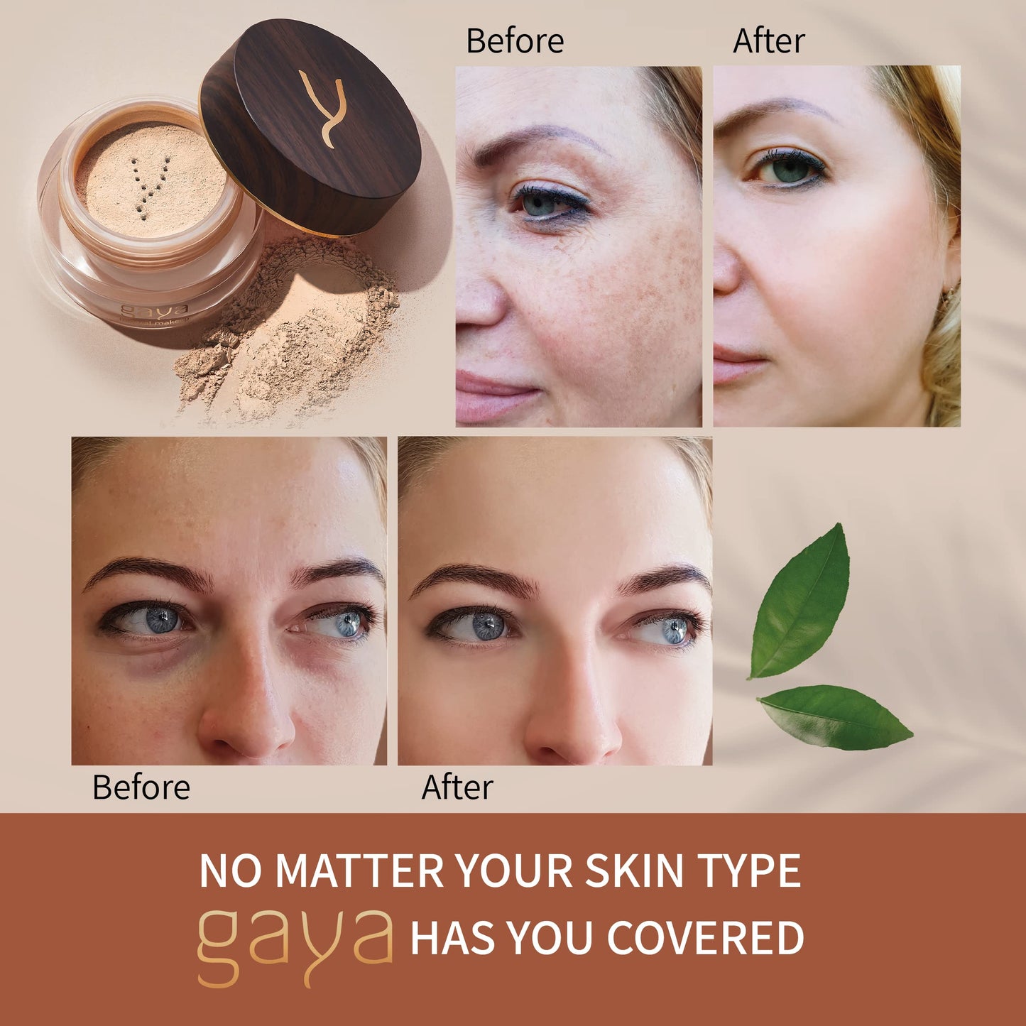 Vegan Mineral Powder Foundation Light to Full Coverage, Natural Foundation for Natural-Looking, Mica Mineral, Cruelty Free, No Chemicals by Gaya Cosmetics (MF3)