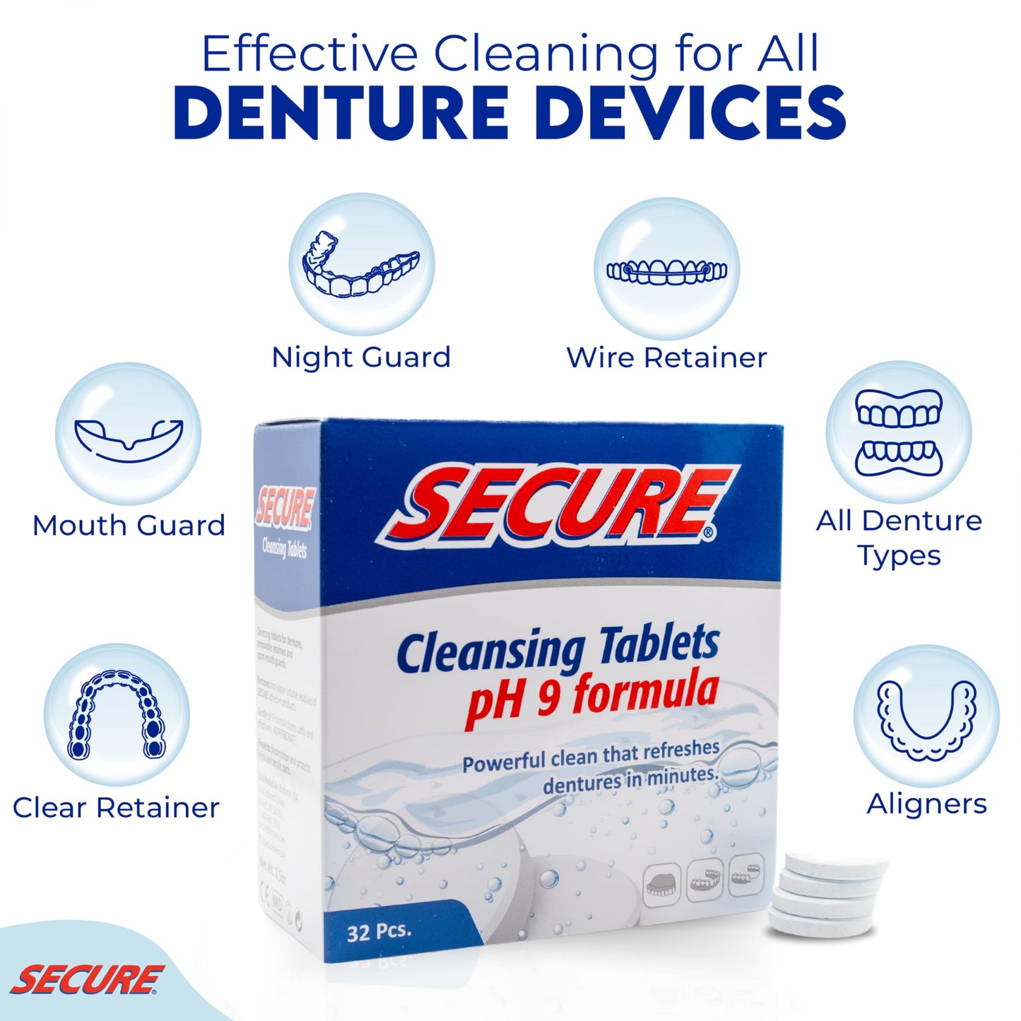 Secure Daily Cleansing Tablets - pH 9 Formula Thoroughly Cleans Dentures - Fights Odors, Stains & Germs - For Dentures, Nightguards, Retainers & Partials - 32 Tablets (3 Pack)