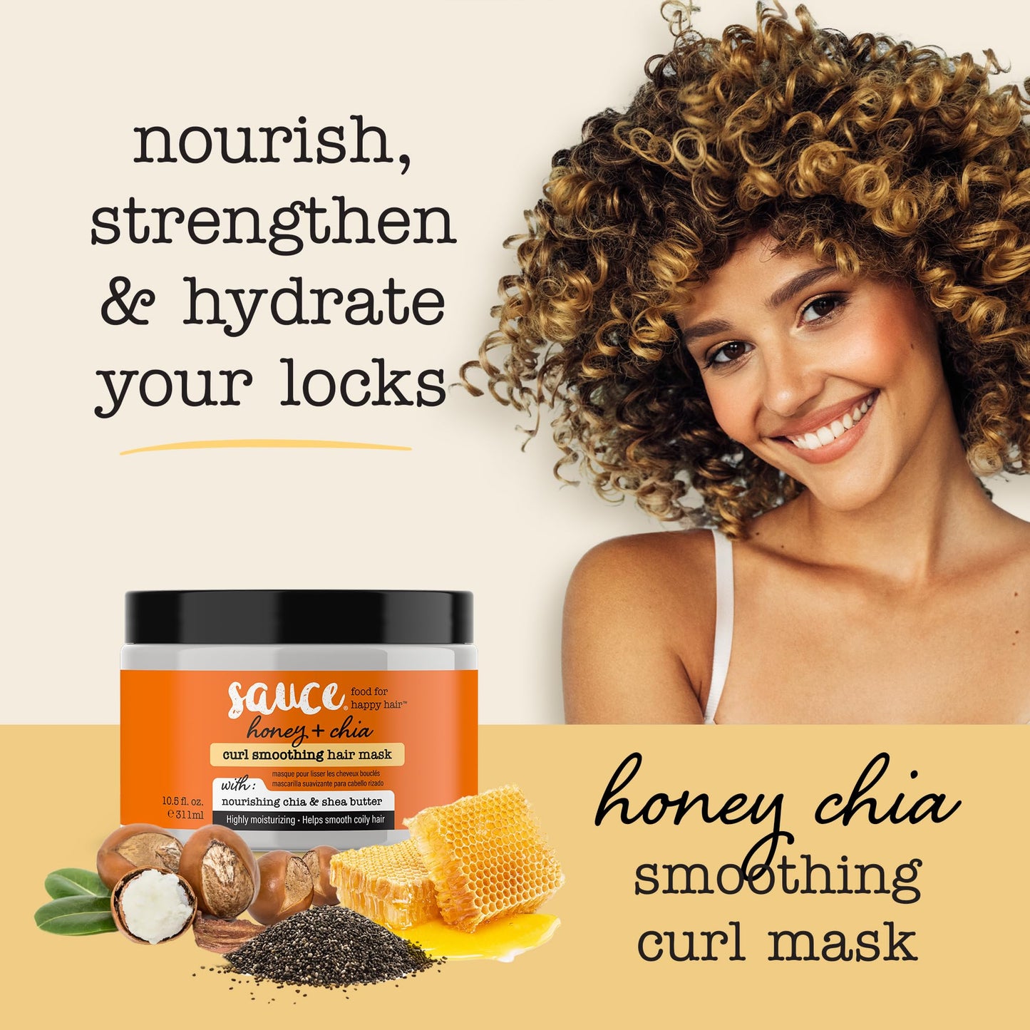 SAUCE Hair Mask, Honey Chia Smoothing Curl Mask (10.5 FL Oz) Frizz Control & Deep Conditioning with Shea Butter, Curly & Coily Hair, No Parabens & Sulfates