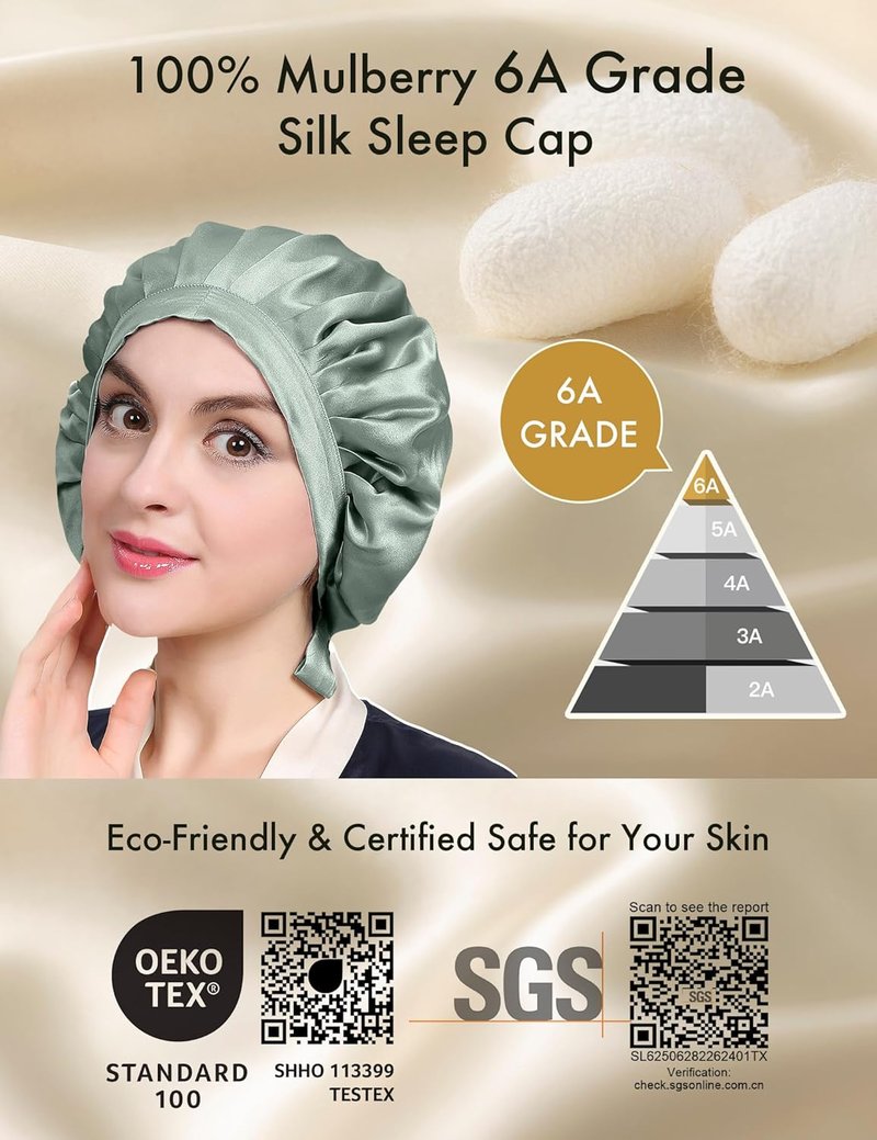 LilySilk 100% Mulberry Silk Bonnet - Adjustable Sleep Cap for Hair Protection | Avocado Green
