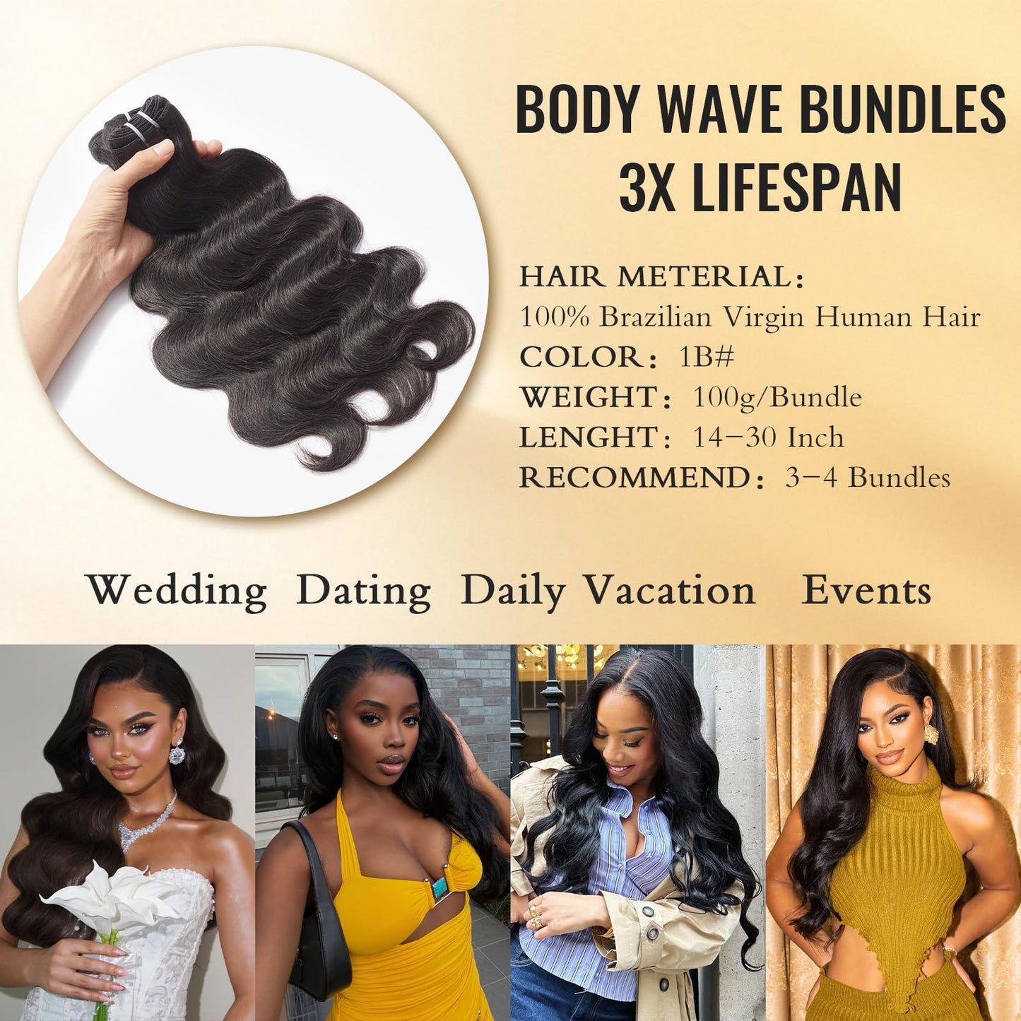 WEQUEEN Bundles Human Hair Body Wave 16A Brazilian Virgin Hair Bundles, Silky and Soft, 15 Inch Thick Weave Natural Black