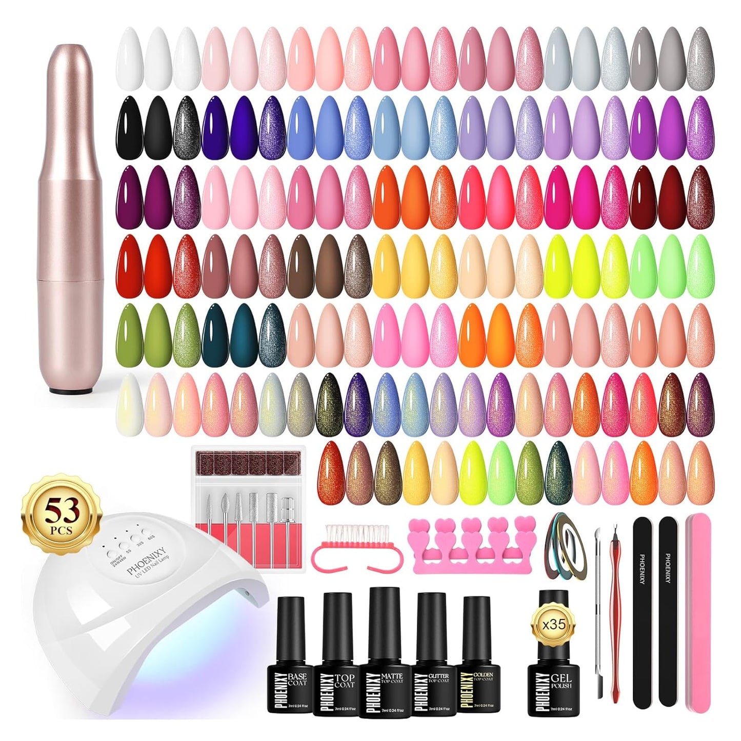 **PHOENIXY Gel Nail Polish Kit - 53 Pcs with UV Light & Nail Drill | 35 Colors, Glossy & Matte Finishes for DIY Home Manicure**