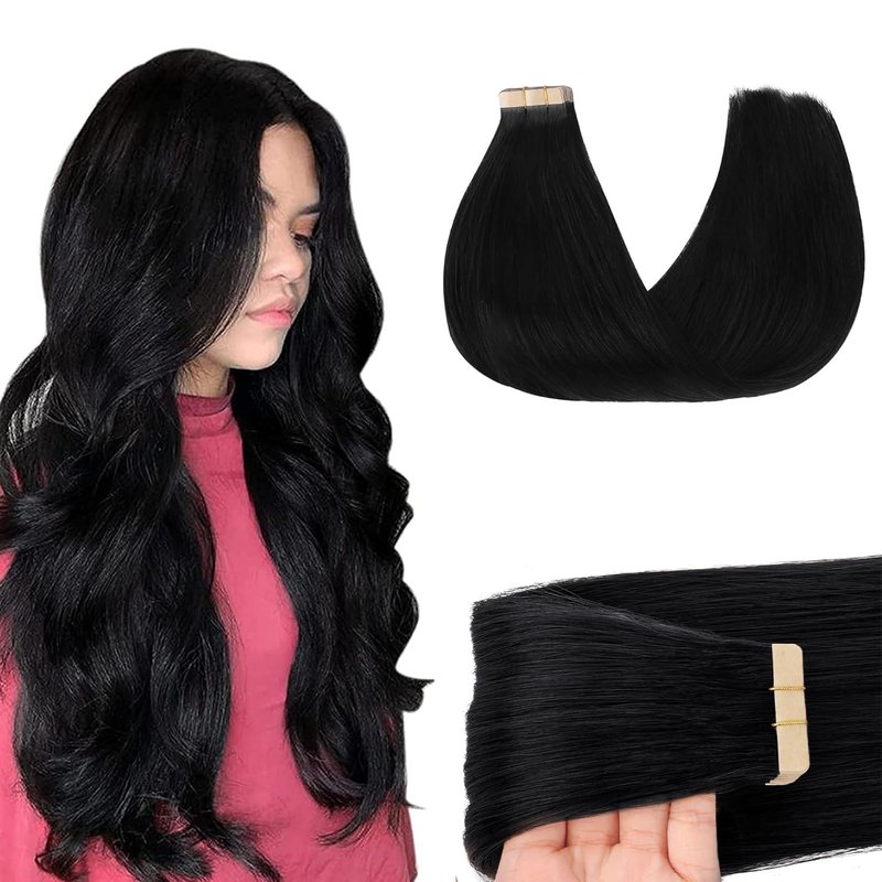 Tape In Hair Extensions - 24 Inch Jet Black Remy Human Hair | Seamless & Silky Straight, 50g, 20pcs