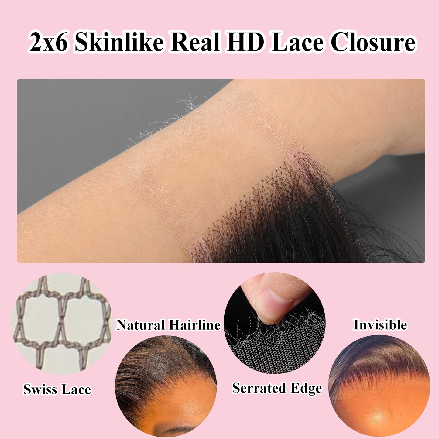 2x6 Skinlike Real HD Lace Closure Body Wave Human Hair Closure Invisible Ultra-thin 2x6 Kim K Lace Closure Brazilian Virgin Human Hair Pre Plucked Natural Black 16 Inch