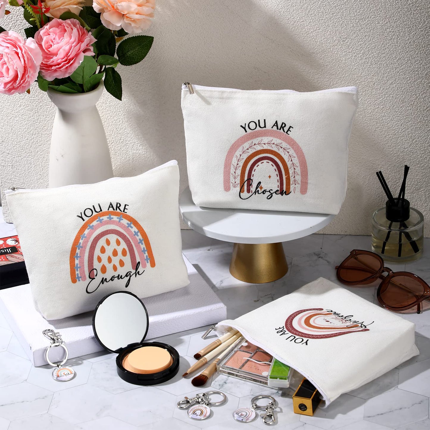Sieral 20 Pcs Appreciation Gift Bulk for Women Inspirational Canvas Makeup Bag Cosmetic Bag Toiletry Pouch Keychain Return Gift for Employee Coworker Nurse Teacher Birthday Back to School(Rainbow)