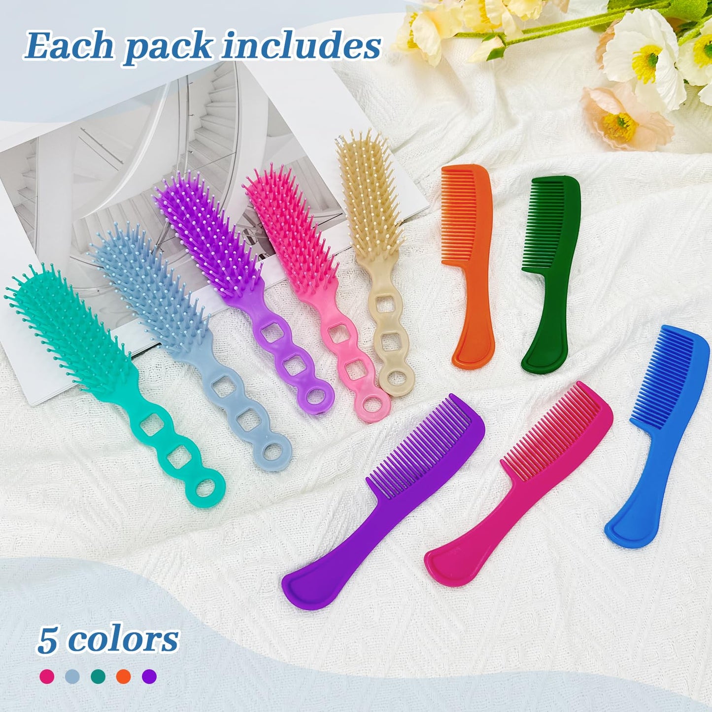 Hair Brush and Combs Set in Bulk Individually Wrapped Travel Comb Brush Bulk for Women Kids Hotel Homeless Charity, Multicolor(100 Pieces)