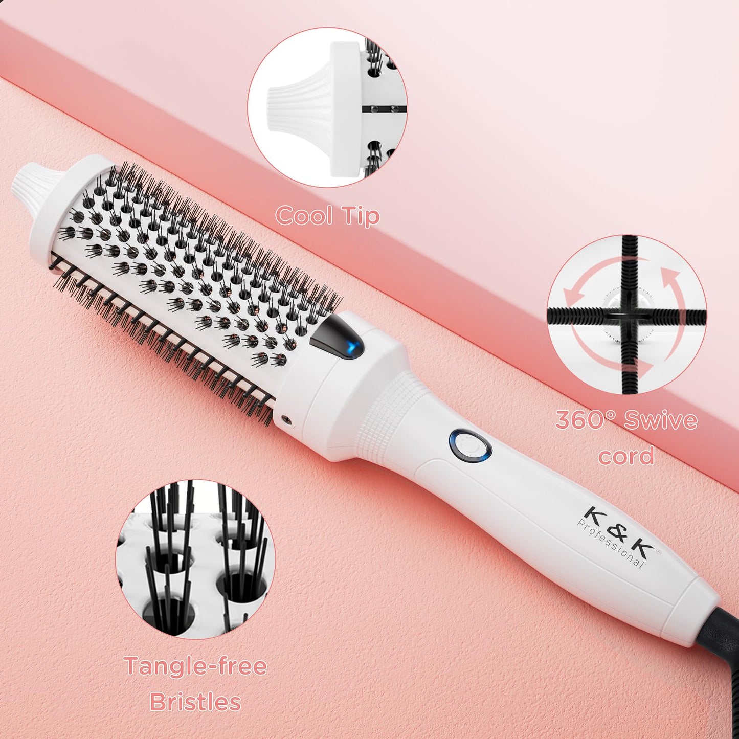 K&K Blowout Boost Thermal Brush, 1.5 inch Heated Round Brush for Blowout Look, Negative Ion Technology, Ceramic Tourmaline, Dual Voltage, White