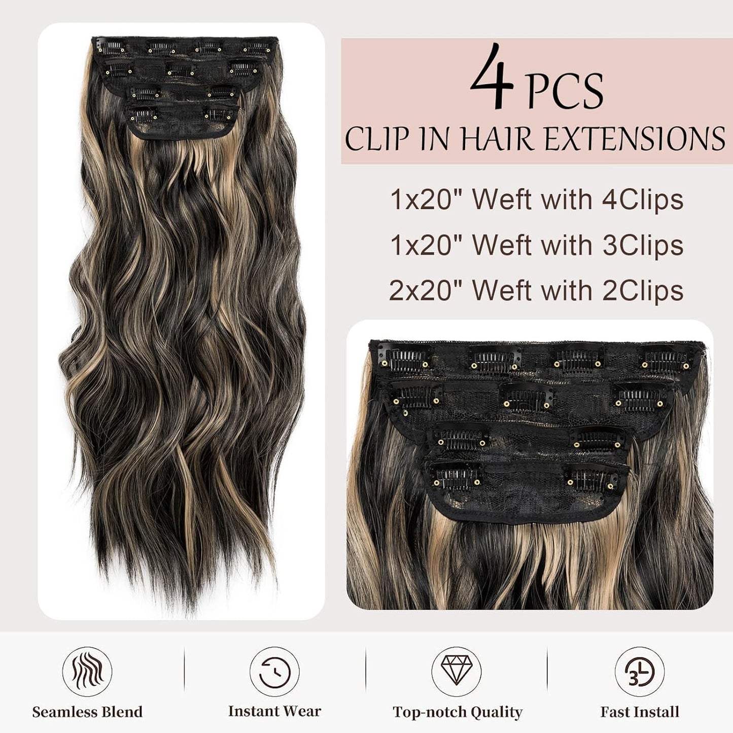Clip In Hair Extensions - Natural Wavy Synthetic Hairpieces for Women | Black & Blonde Highlights - 20 Inch, 4 Pcs