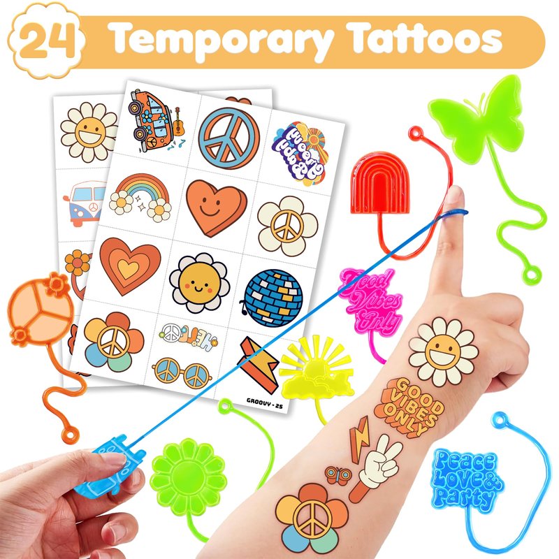 48PCS Groovy Party Favors - 24PCS Groovy Temporary Tattoos & 24PCS Groovy Stick Hands - Perfect Birthday Favors, Goodie Bag Stuffers, Treasure Box Toys, Classroom Prizes, and Student Gifts