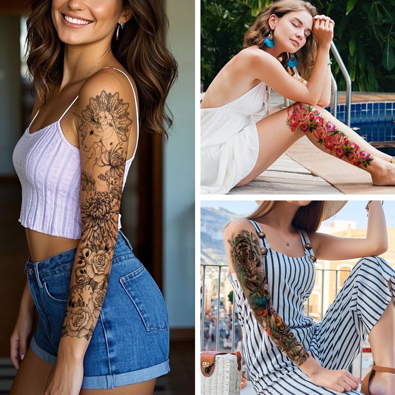 Christmas 8 Sheets Full Arm Temporary Tattoos for Adults, Waterproof Realistic Flower Bird Feather Fake Sleeve Tattoos For Women Men, Tiger Fish Tattoo Set Hand Body Art for Party Celebration Cosplay