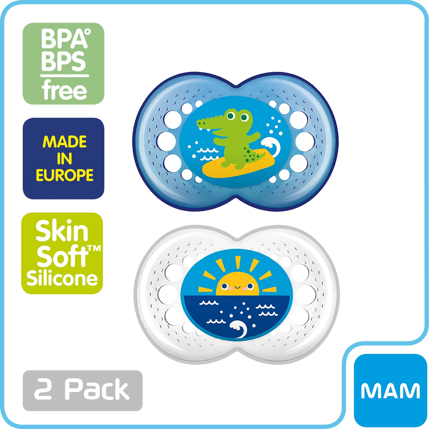 MAM Original Baby Pacifier, Nipple Shape Helps Promote Healthy Oral Development, Sterilizer Case, 2 Pack, 6-16 Months, Crystal/Boy