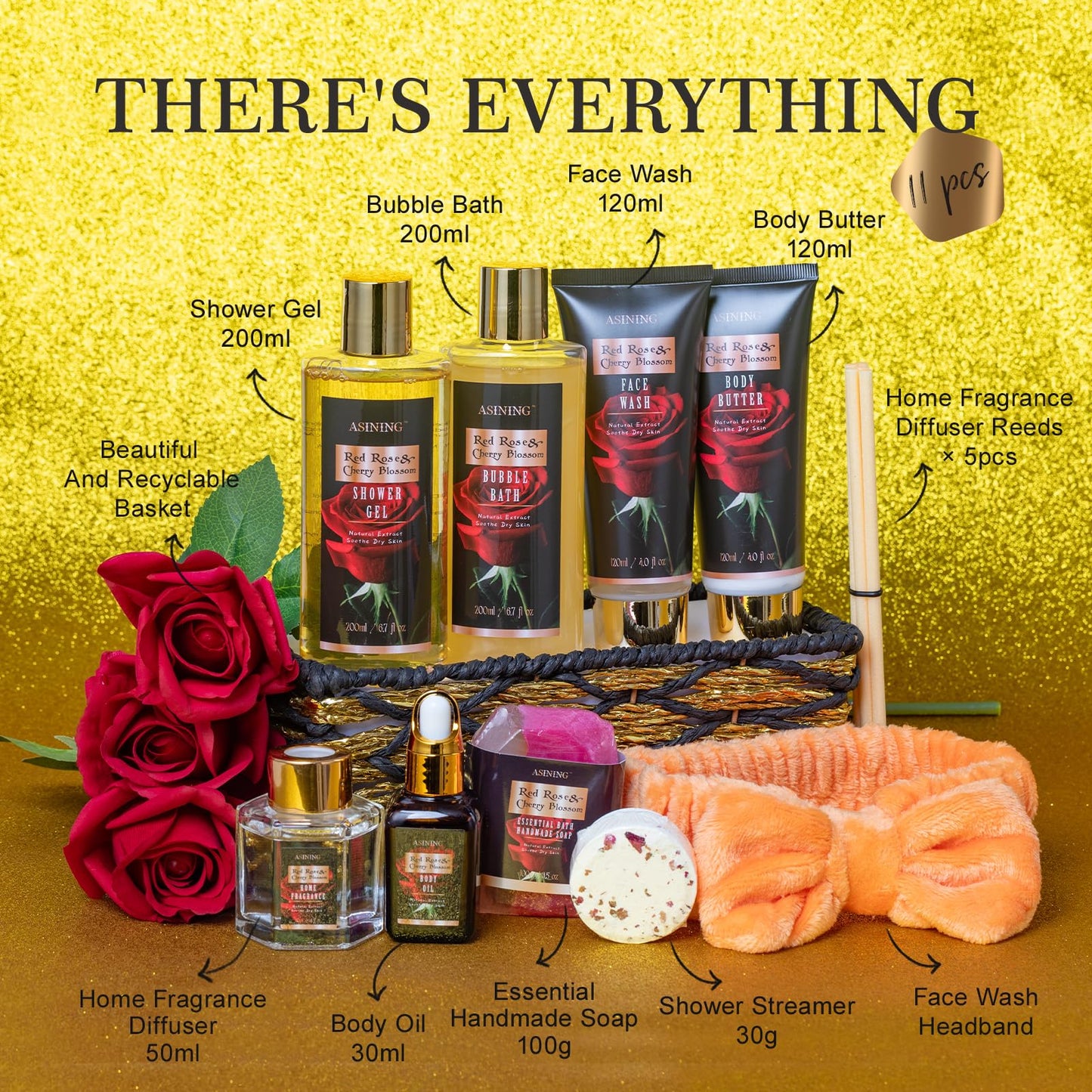 Luxury 14 pcs Cherry Blossom & Rose Bath and Body Basket Gift, Face Skin Care Kit, Home Spa Self Care, Relaxing Care Kit, Birthday, Christmas, Mother, Bridal Shower, Anniversary