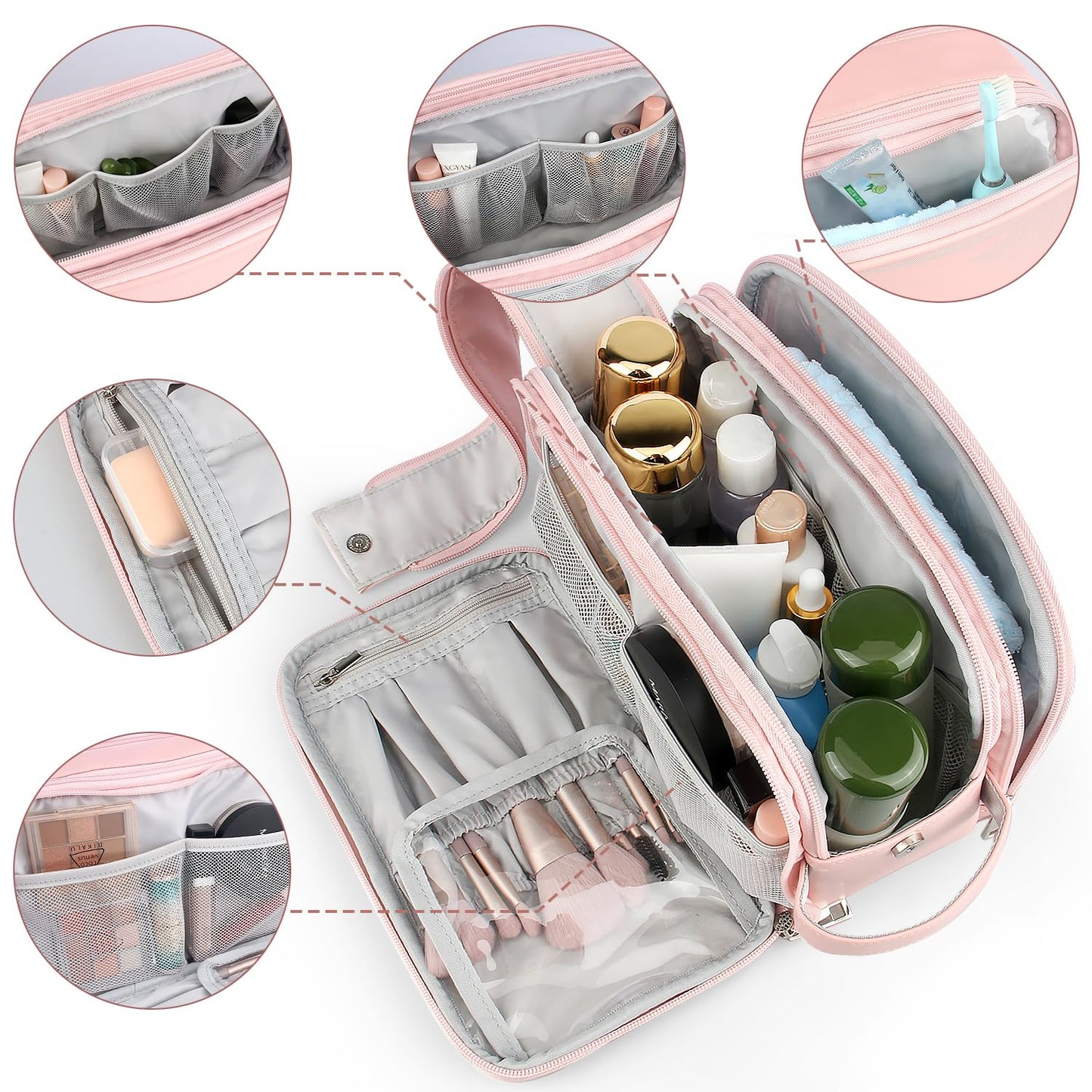 Rhea Rose Toiletry Bag for Women, Makeup Travel Bag Organizer, Large Bathroom Cosmetic bag, Traveling Dopp Kit Accessories Shower Bag, Pink