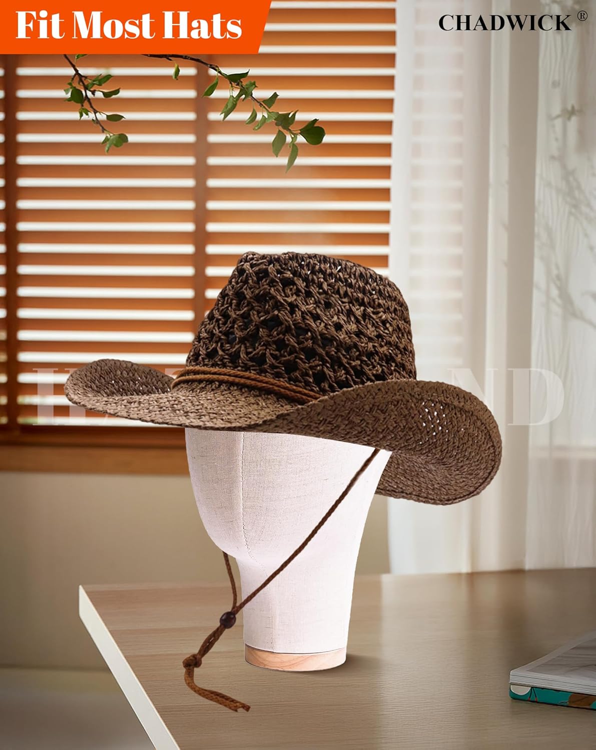 CHADWICK 21-Inch Wig Head Stand - Linen Mannequin Display for Wigs, Hats & Headdresses | Detachable Wooden Base