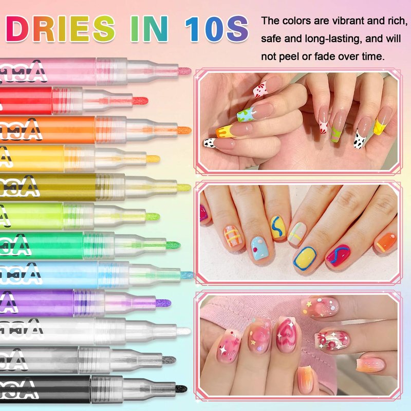 AOAZXBB 12 Colors Nail Art Pens Set Nail Polish Pens, Waterproof Quick-Drying Acrylic Paint Nail Art Markers for Home & Salon DIY