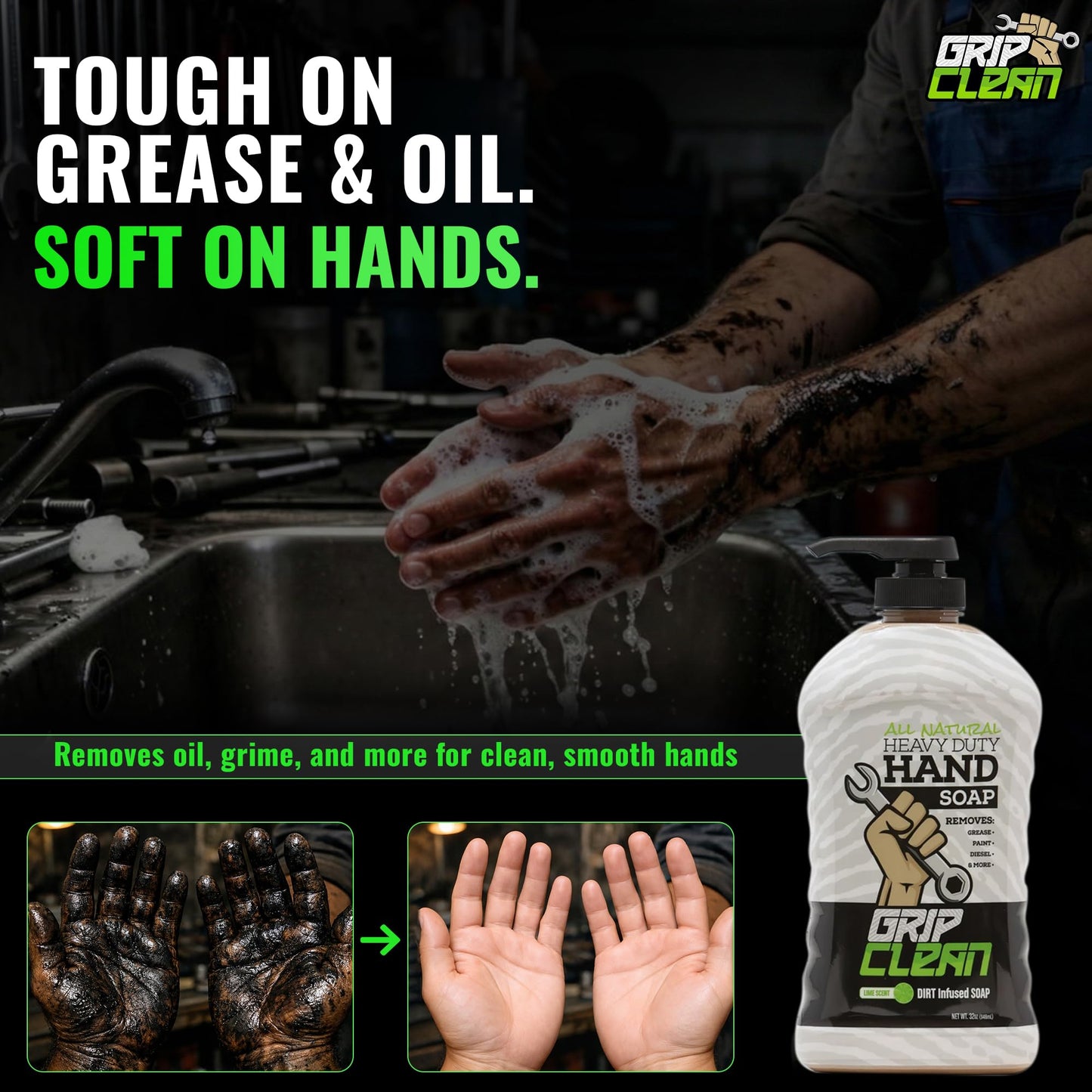 Grip Clean Heavy Duty Hand Cleaner for Mechanics – Natural Pumice & Clay-Infused Technology Removes Grease, Oil & Grime – Moisturizing Liquid Hand Soap for Shop, Garage & Industrial Use – 32oz