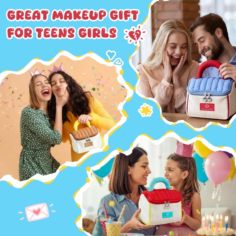 Color Nymph All in One Makeup Kit For Teens Girls Beginner with Makeup Bag, Girl Makeup Set for Teen Girls Includes Eyeshadow, Face Blush Contour Highlighter Lipgloss Mascara Mirror, Travel MakeUp Kit