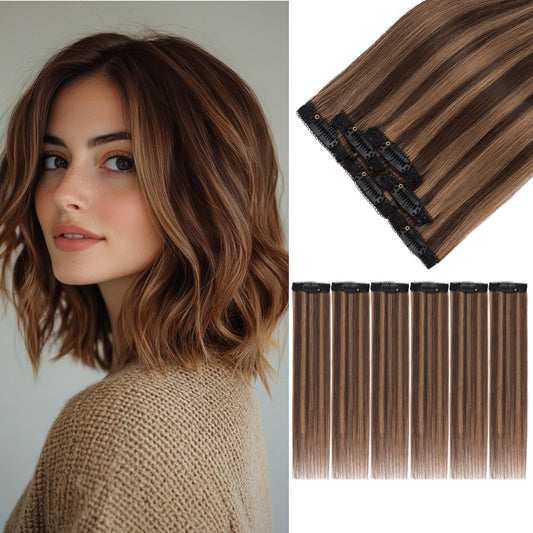 S-noilite 6Pcs Clip in Human Hair Extensions,Remy Single Short Clip in Hair Extensions 6Pcs 6clips Straight Seamless Hairpieces for Women 14Inch 36g #2PR6