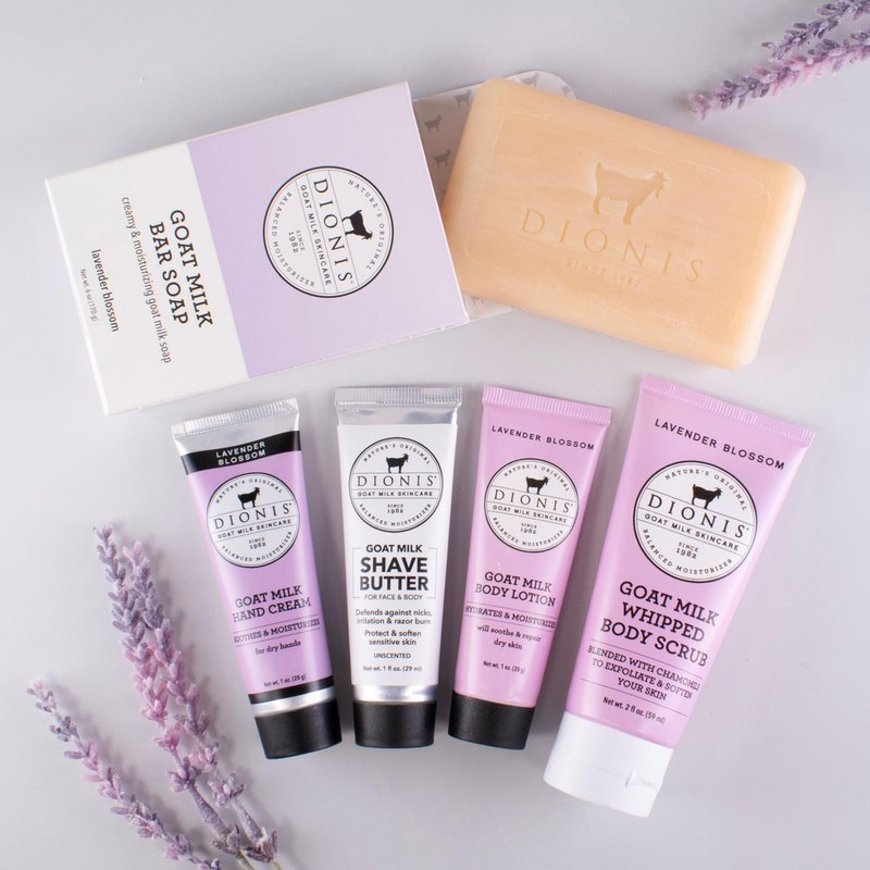 Dionis Goat Milk Lavender Blossom Hand Cream, Body Lotion, Whipped Body Scrub, Shave Butter, Bar Soap 6 oz & Carrying Case 6-Piece Travel Set