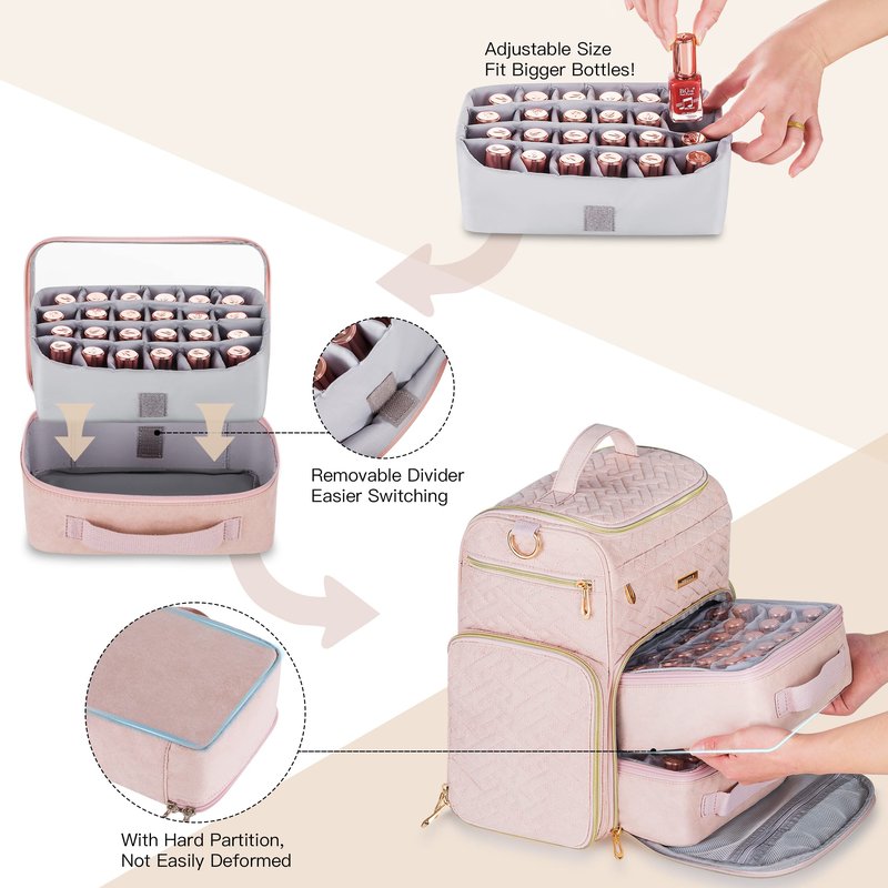 BEGULF Multi-Pockets Nail Polish Organizer Case with UV Light Storage, Nail Organizers and Storage for Nail Tech with Protective Side Pocket, Gel nail bag organizer Hold 48 Bottle (Pink)