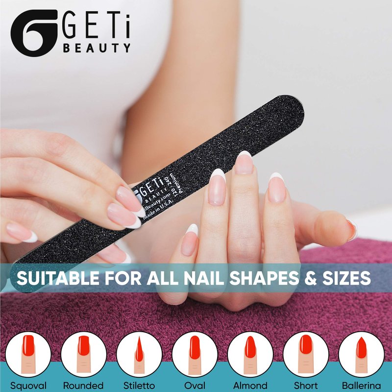 Nail File 180 grit / 180 grit | Natural,Gel or Acrylic | Washable and Reusable | Black Emery Cushion | 10-Pack by Geti Beauty | U.S.A. Made