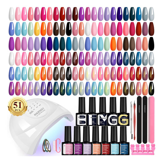 phoenixy Gel Nail Polish Kit with UV Light, 51Pcs Gel Nail Kit 35 Colors Gel Polish 5Pcs Base Top Coat All-Inclusive Manicure Set for Beginners DIY Home Nail Art Gift for Women and Girls