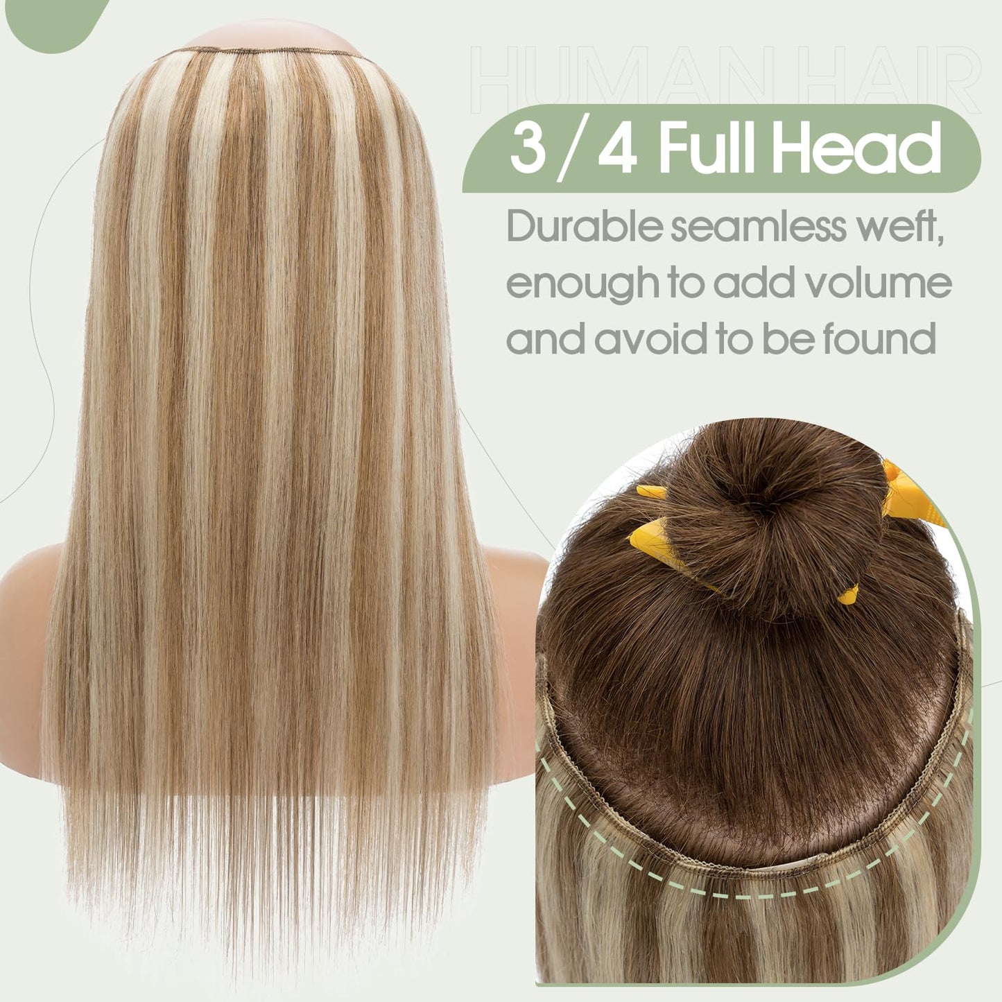 S-noilite One Piece Clip-in Hair Extensions Human Hair Balayage 5 Clips 3/4 Full Head V Part Weft Thicker Hair Lace Net One Piece Hair Extensions (14"-50g, #Golden Brown/Bleach Blonde)