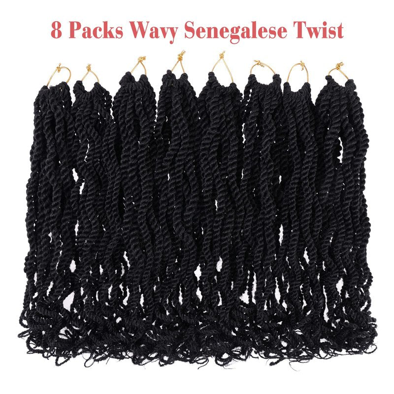 Leeven 8 Packs Wavy Senegalese Twist Crochet Hair with Curly Ends, 8 Inch Black Pre Looped Short Crochet Braids, Pre Twisted Small Havana Twist, Synthetic Braiding Hair for Women Girl Kids