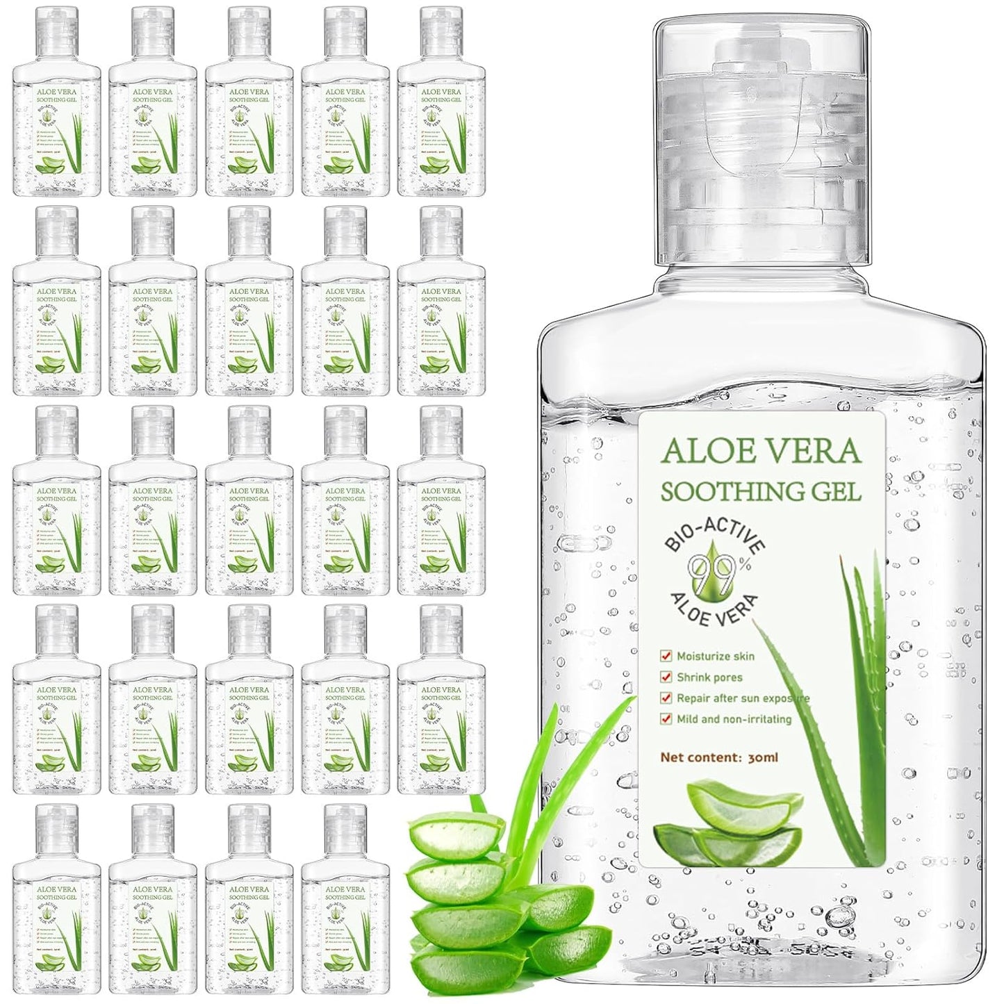 Aloe Vera Gel 24 Pcs Mini Travel Size - 1oz Soothing Moisture for Face & Body | Sunburn Relief & Skin Care