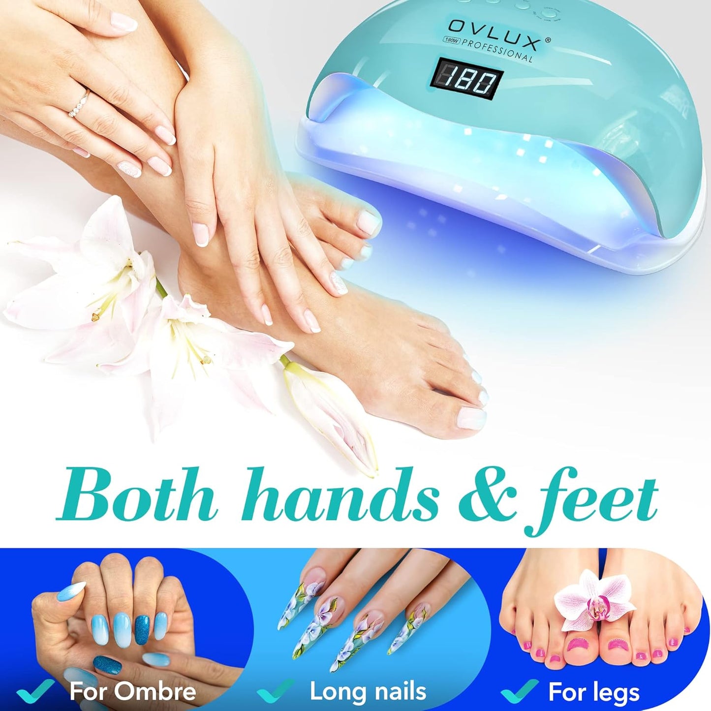 OVLUX 180W UV LED Nail Lamp - Fast Gel Polish Dryer with Auto Sensor & LCD Display | Tiffany Color