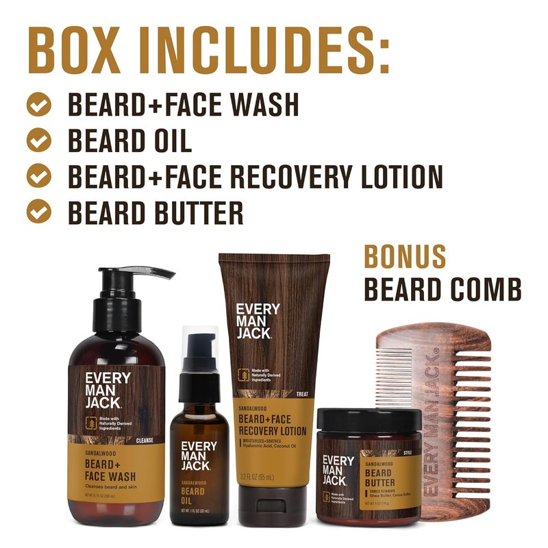 Every Man Jack Beard Essentials Gift Set - Complete 5-Piece Routine | Sandalwood Scented Beard Care Kit