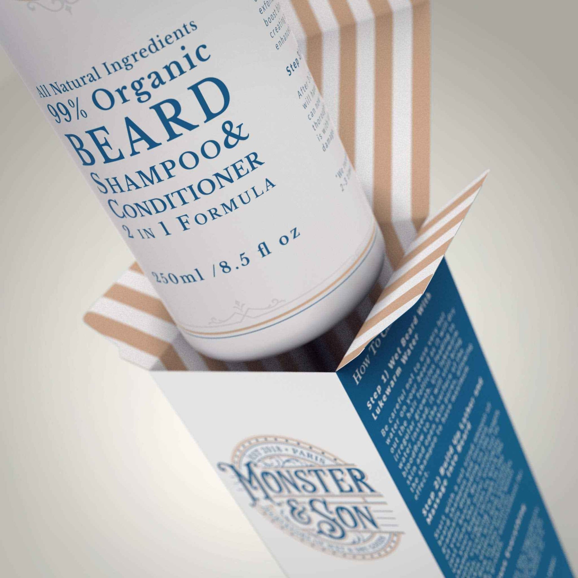 Monster&Son Organic Beard Shampoo & Conditioner 2 in 1 - Beard Wash with Conditioning For Men - Gentle Face Cleanser For Sensitive Skin - Hypoallergenic, Paraben & Sulphate Free - Long Lasting 250ml