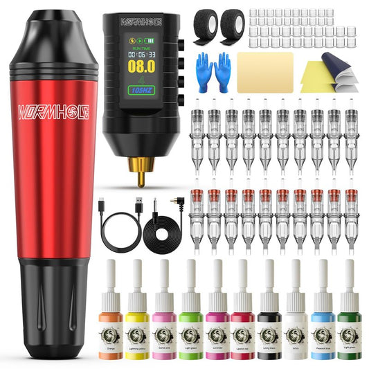 Wormhole Wireless Tattoo Practice Gun Kit with 1,800mAh Battery, 20PCS Tattoo Needles Wireless Tattoo Machine Kit Aluminum Alloy for Beginner and Tattooist WTK296