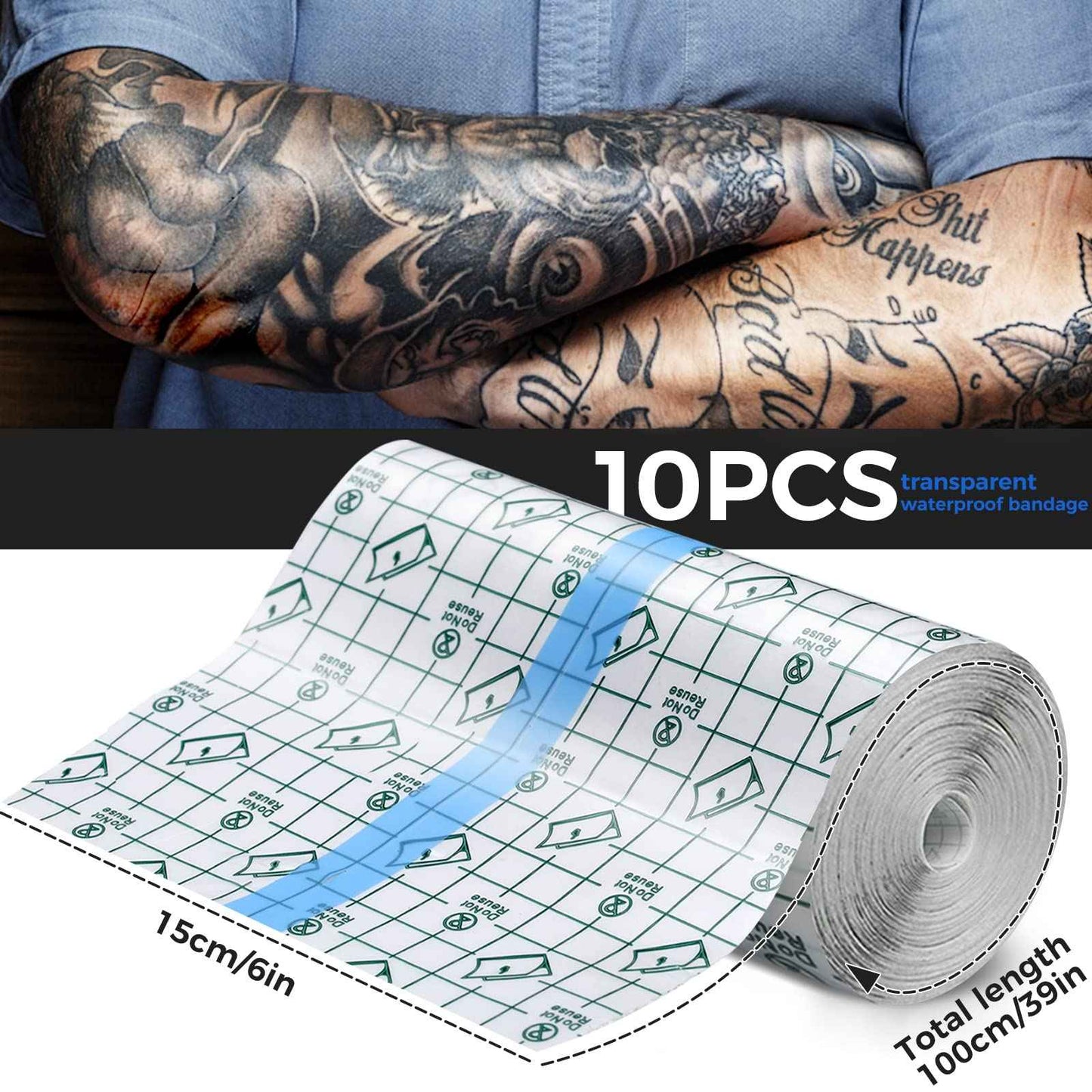 10 Rolls Tattoo Aftercare Waterproof Bandages, 6" x 1.1 Yard Tattoo Cover Up Tape, Tattoo Supplies Second Skin Transparent Film Healing Protective Clear Sterile and Safe Bandages