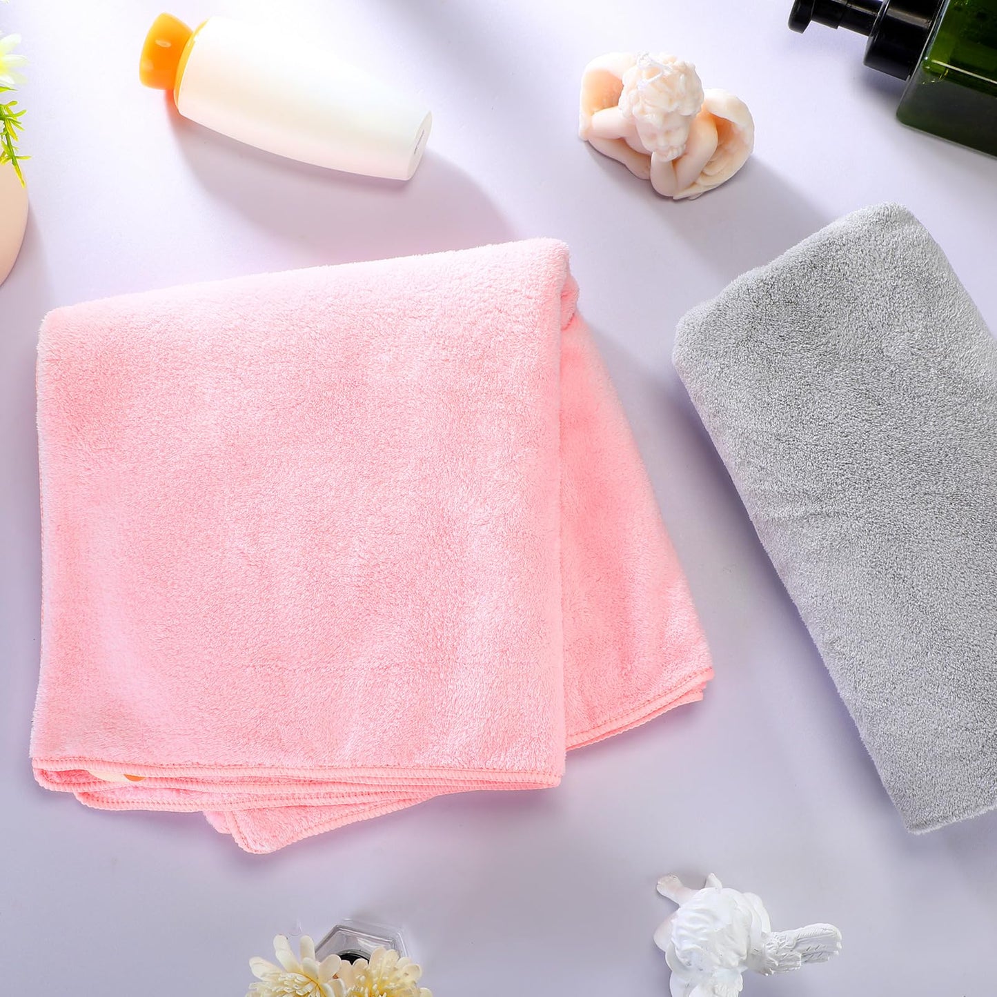 Tatuo 4 Pcs 20 x 40 Large Microfiber Hair Towel for Long Hair Quick Dry Towel Absorbent Turbans Anti Frizz Drying Turbans Wrap for Curly Long Short Women, Pink and Gray