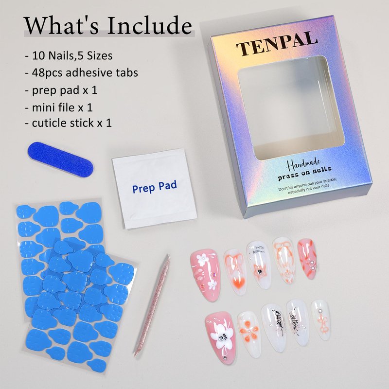 TENPAL Handmade Press on Nails Medium Almond Pink Acrylic Nails with Hand Painted Versatile Floral Bow Tie Designs Full Cover Reusable Fake Nails Press Ons 10pcs/box Glossy Glue on Nails(M)