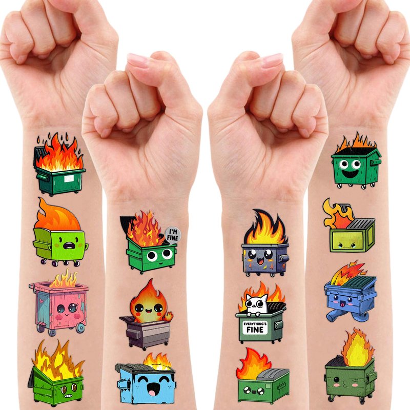 96PCS Dumpster Fire Temporary Tattoos Themed Birthday Party Favors Decorations Supplies Funny Garbage Trash Bin Firetruck Tattoo Stickers Gifts For Kids Boys Girls School Prizes Carnival Christmas