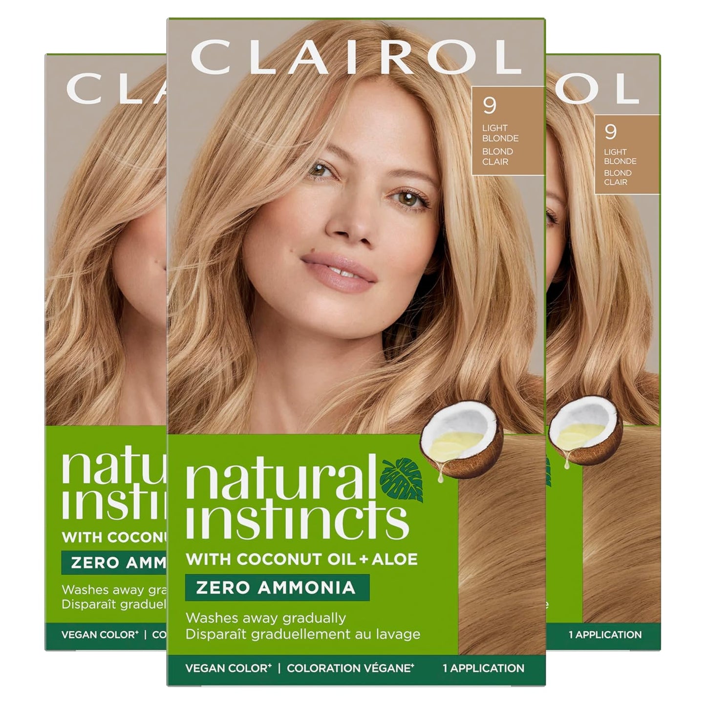 Clairol Natural Instincts Demi-Permanent Hair Dye - 9 Light Blonde | Ammonia-Free Vegan Formula with Coconut Oil & Aloe Vera | Pack of 3