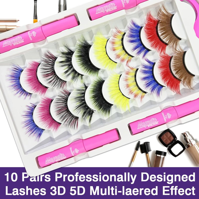 Magnetic Eyelashes with Eyeliner Kit 18-21MM Fluffy Dramatic Faux Mink Lashes 10 Pairs Long Luxury Volume Fake Eye Lashes Easy to Apply Cruelty-Free&Vegan （2 black+2brown)
