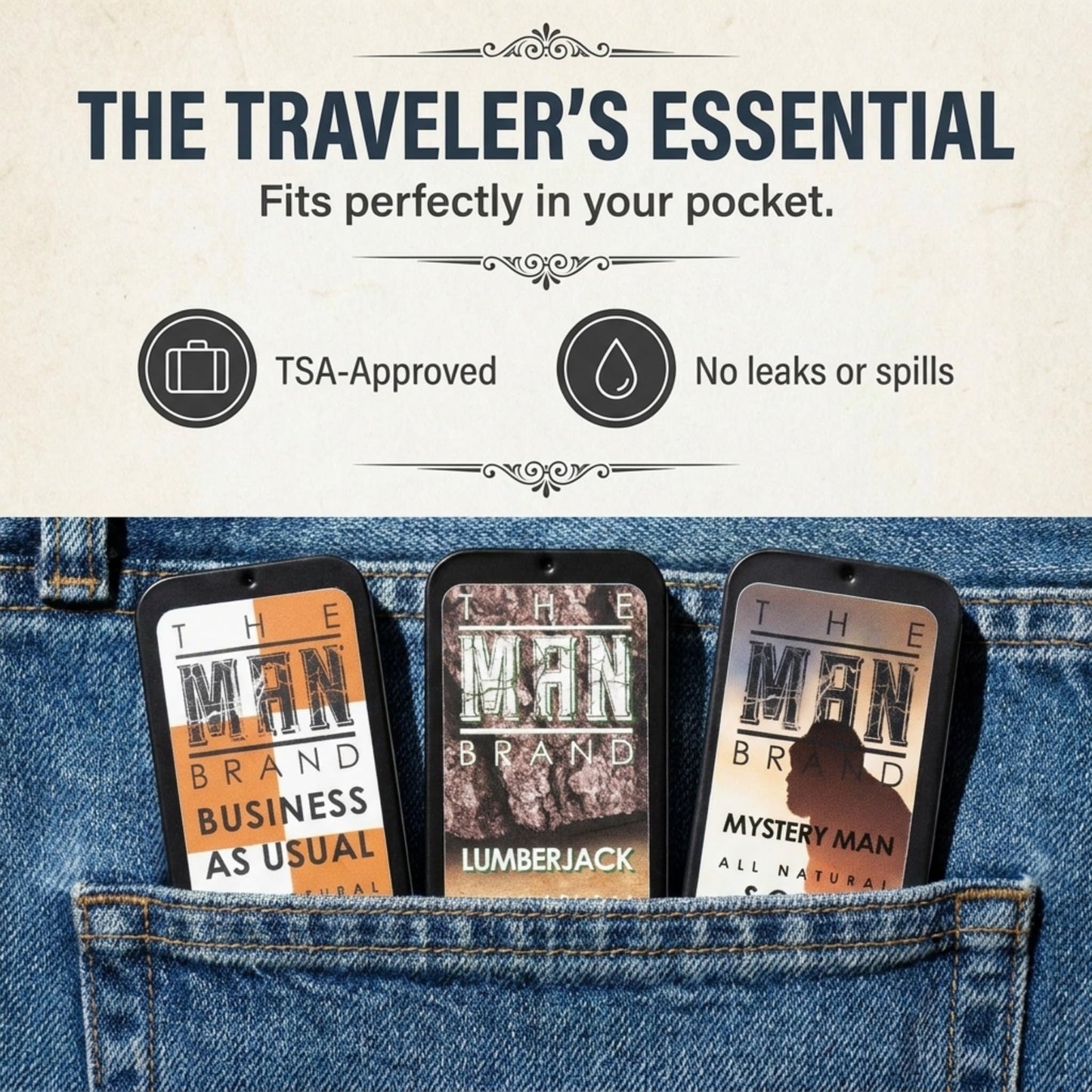 The Man Brand Solid Cologne Sample Set of 3 with Business As Usual, Lumberjack, and Mystery Man Wax Cologne - Mens Travel Size Perfume Sampler Set (The Triad - 3 Pack - 0.75 oz each)